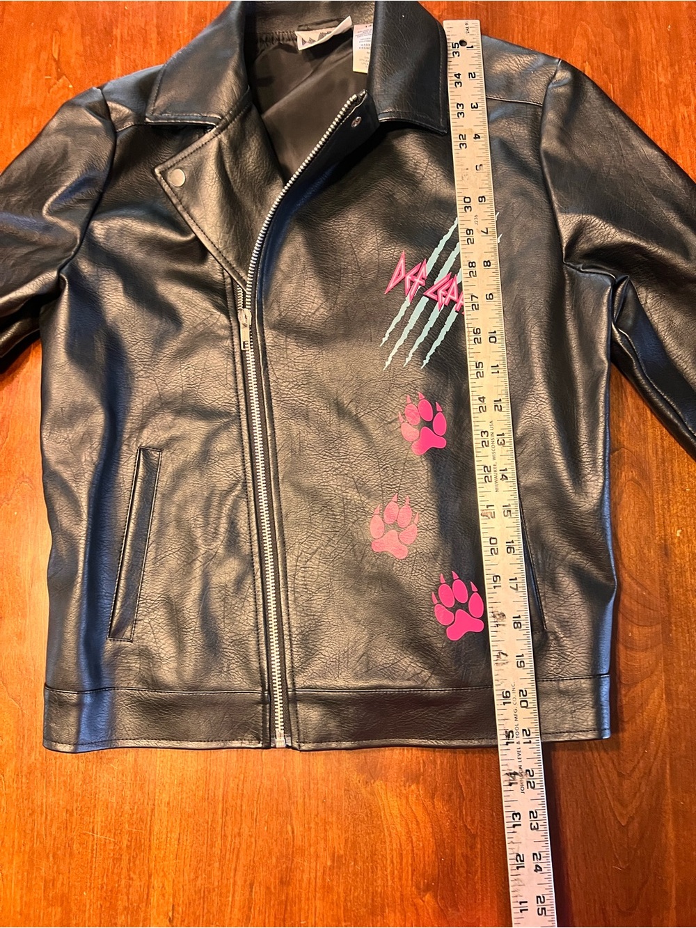 Def Leppard Girls Faux Leather Moto Biker Jacket Black Pink Graphics Size 14/16